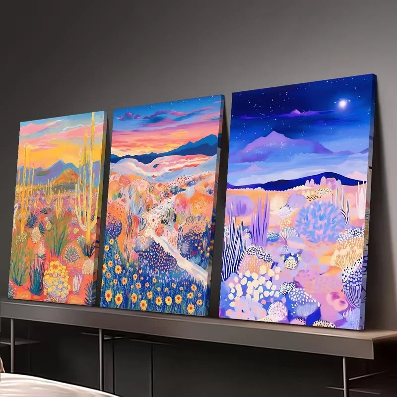 3pcs Vintage Desert Abstract Wall Art Set Canvas Framed 50x70cm - High Quality Print 100% Australian Made Wall Canvas Ready to Hang