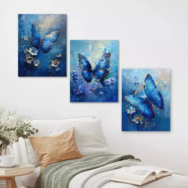 3pcs Blue Floral & Butterfly Wall Art Set Canvas Framed 50x70cm - High Quality Print 100% Australian Made Wall Canvas Ready to Hang - Bella Home Decor