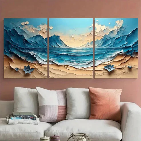 3pcs Modern Neutral Mountain with Florals Design Wall Art Set Canvas Unframed - High Quality Print 100% Australian Made Wall Canvas