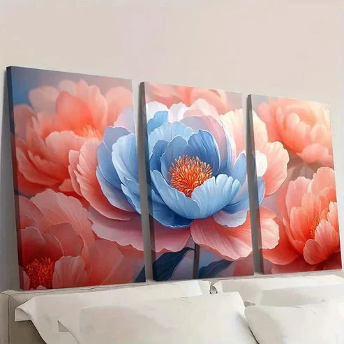 3pcs Pink and Blue Peony Petals Flower Wall Art Set Canvas Unframed - High Quality Print 100% Australian Made Wall Canvas - Bella Home Decor