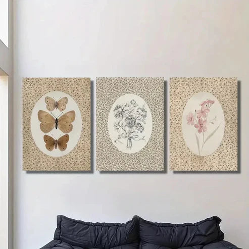 3pcs Vintage Butterfly Art, Antique Pink Flower Wall Art Canvas Unframed - High Quality Print 100% Australian Made Wall Canvas