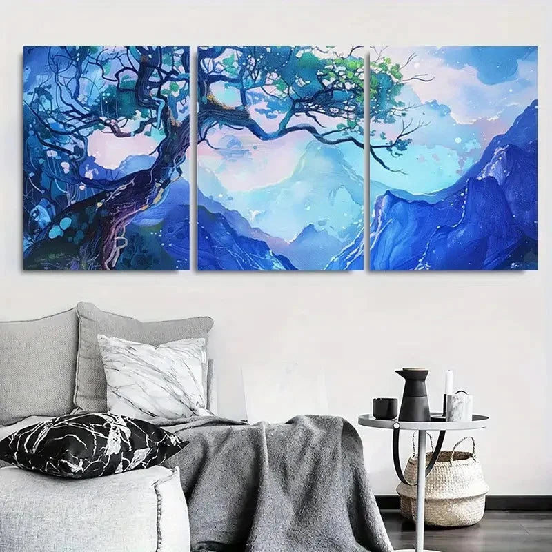 3pcs Enchanted Blue Mountain Tree Wall Art Set Canvas Framed 60x90cm - High Quality Print 100% Australian Made Wall Canvas Ready to Hang