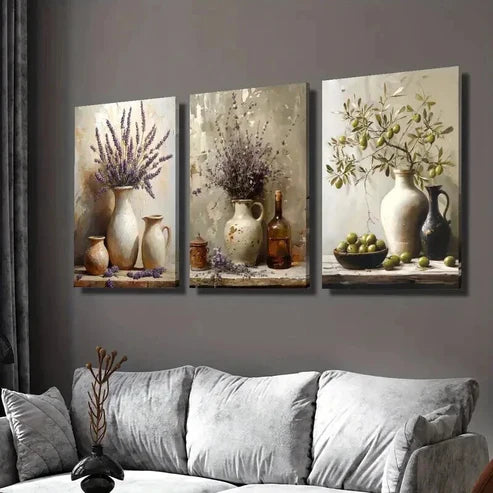 3pcs Rustic Three Lavender Pottery Jar Wall Art Set Canvas Unframed - High Quality Print 100% Australian Made Wall Canvas