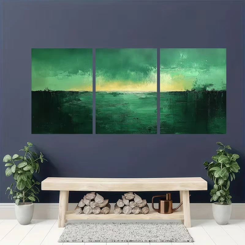 3pcs Minimalist Green Abstract Painting Metal Print Ready to Hang Art