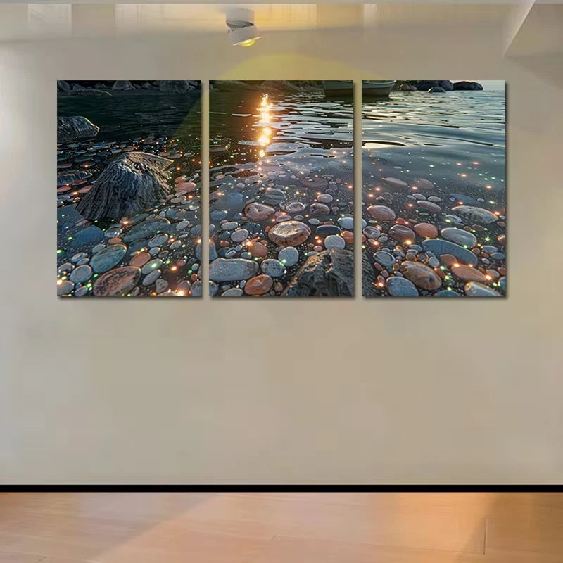 3pcs Pale Blue Beach Scene with Glowing Stones Wall Art Set Canvas Framed 50x70cm - High Quality Print 100% Australian Made Wall Canvas Ready to Hang