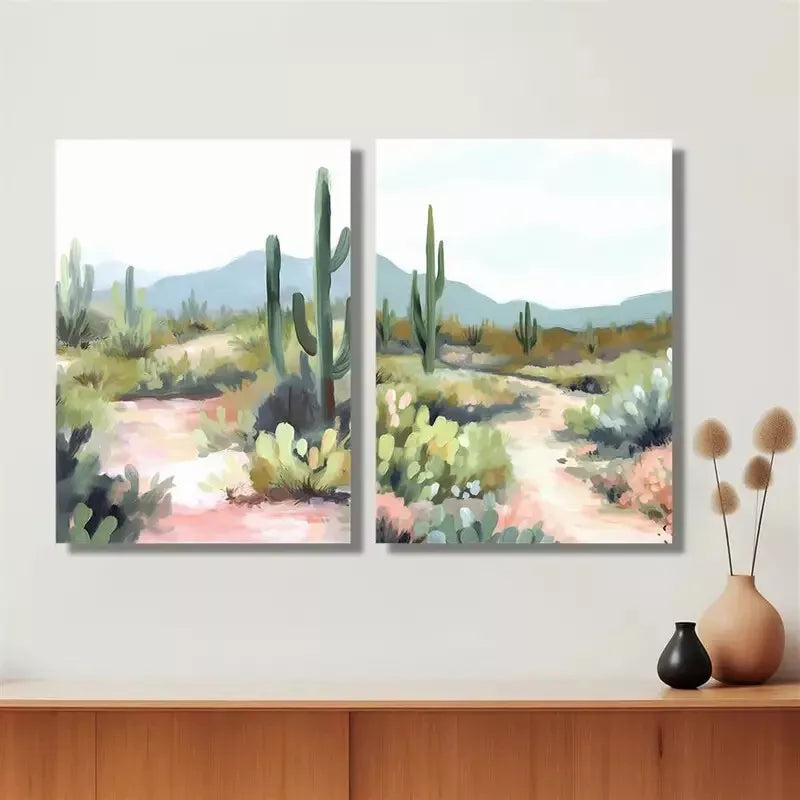 2pcs Southwestern Green Cactus Desert Framed 50x75cm - High Quality Print 100% Australian Made Wall Canvas Ready to Hang - Bella Home Decor