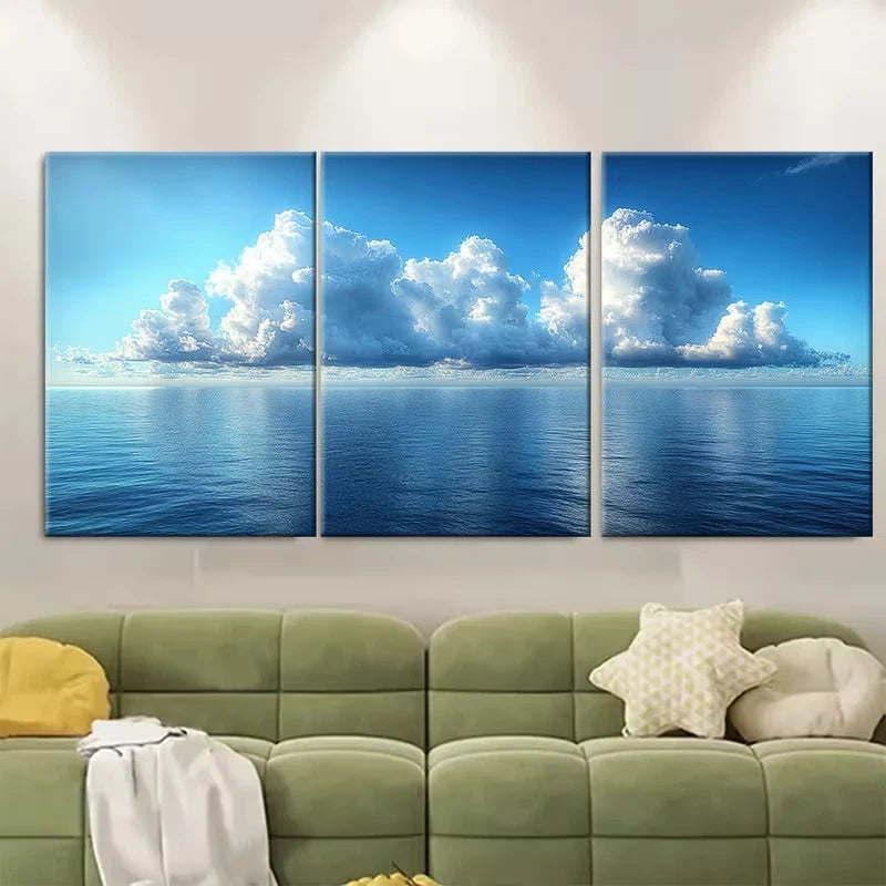 3pcs Tranquil Cumulus Clouds Over Calm Sea Metal Print Ready to Hang Art