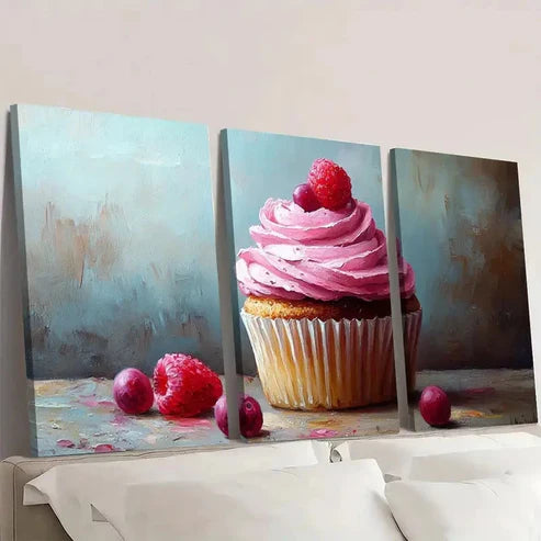 3pcs Cupcake Painting Cake FL Wall Art Canvas Unframed - High Quality Print 100% Australian Made Wall Canvas