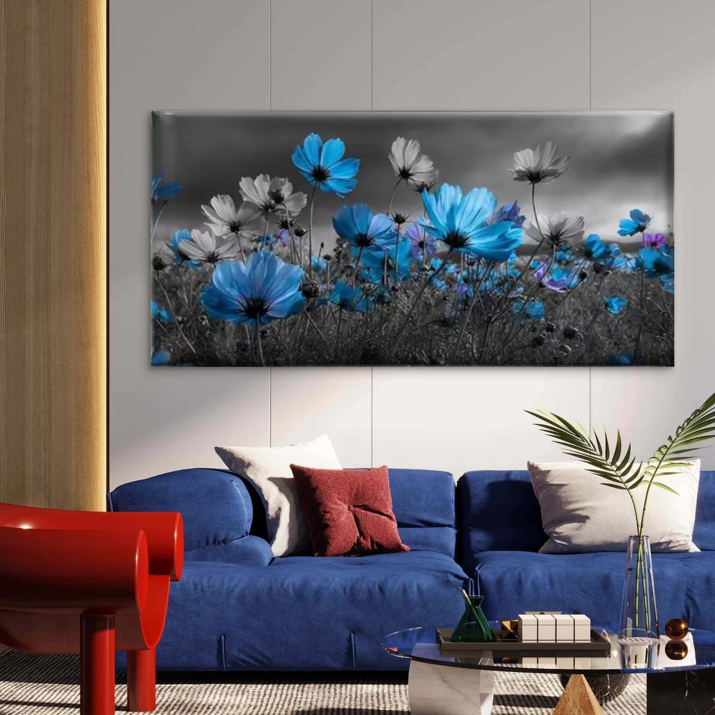 Vibrant Blue Floral Field Wall Art Canvas Office Home Room Framed 120x60cm - Bella Home Decor