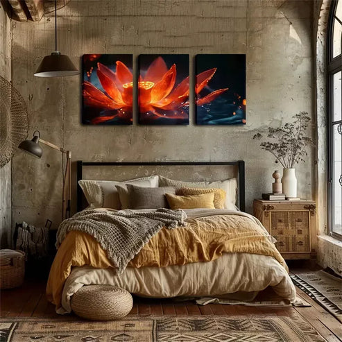 3pcs Vibrant Red Lotus Flower with Golden Accent Wall Art Canvas Unframed - High Quality Print 100% Australian Made Wall Canvas