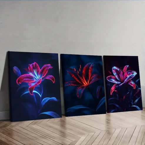 3pcs Featuring Neon Lily Flowers Wall Art Set Canvas Unframed - High Quality Print 100% Australian Made Wall Canvas