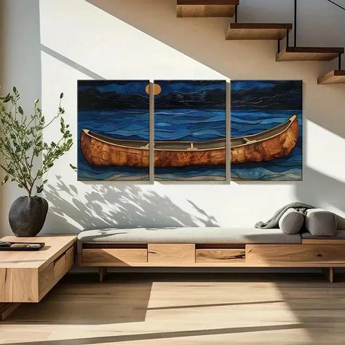 3pcs Vintage Moonlit Canoe & Ocean Waves Wall Art Canvas Unframed - High Quality Print 100% Australian Made Wall Canvas
