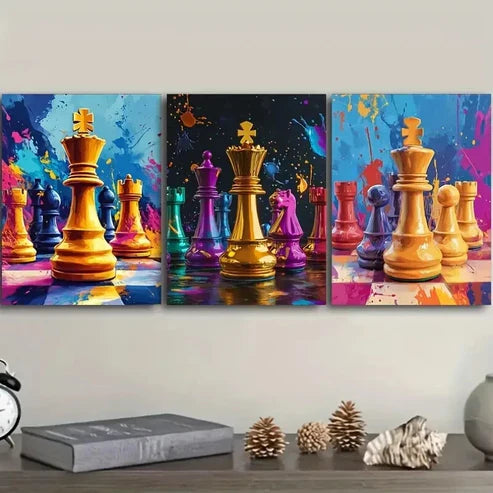 3pcs Digital Illustration of a Chess Piece Wall Art Set Canvas Unframed - High Quality Print 100% Australian Made Wall Canvas - Bella Home Decor