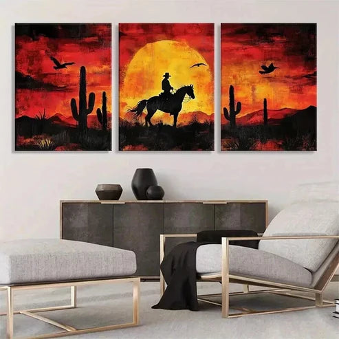 3pcs Western Cowboy Sunset Horse Rider Art Set Canvas Unframed - High Quality Print 100% Australian Made Wall Canvas