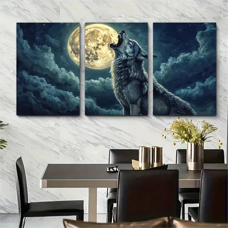 3pcs Howling Wolf Painting Dark Fantasy SI Wall Art Set Canvas Framed 60x90cm - High Quality Print 100% Australian Made Wall Canvas Ready to Hang