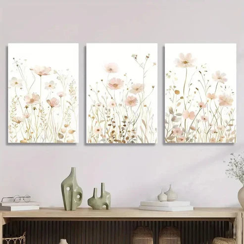 3pcs Soft Pink and Golden Wildflower Wall Art Canvas Unframed - High Quality Print 100% Australian Made Wall Canvas
