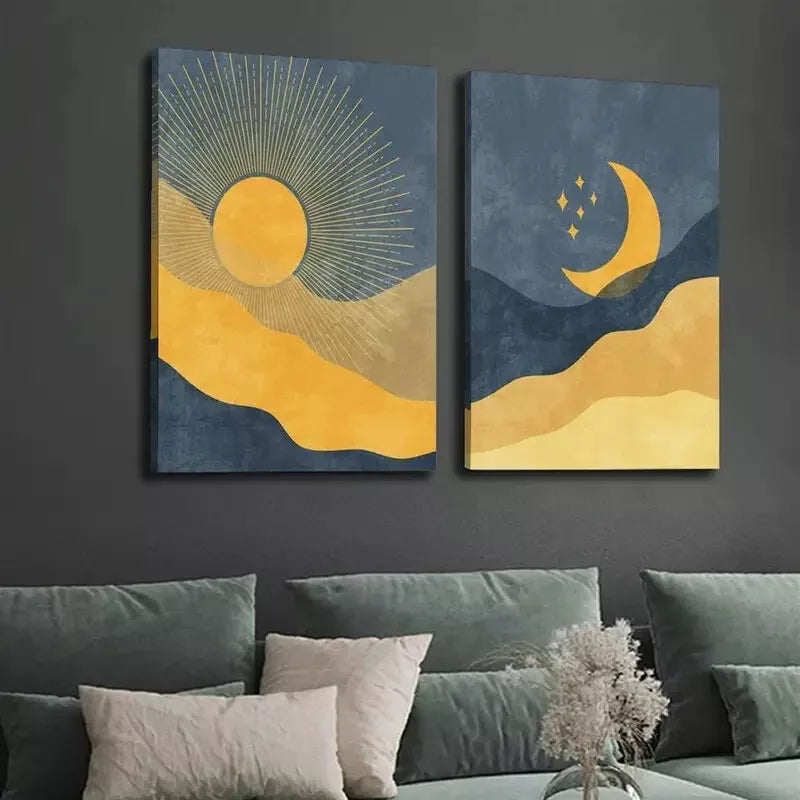 2pcs desert night scene, celestial art, sun and moon art Canvas Framed 50x75cm - High Quality Print 100% Australian Made Wall Canvas Ready to Hang - Bella Home Decor