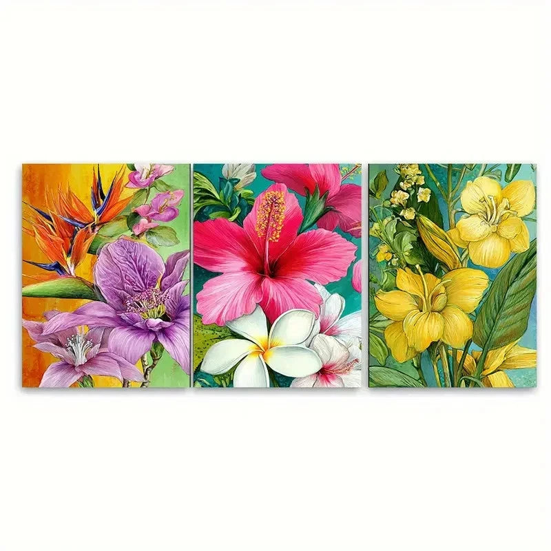 3pcs Colorful Florals with Leaves Illustration Wall Art Set Canvas Framed 50x70cm - High Quality Print 100% Australian Made Wall Canvas Ready to Hang - Bella Home Decor