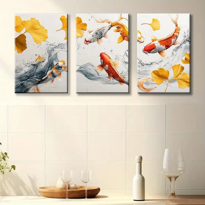3pcs Painted Koi Carp Illustration Wall Art Set Canvas Framed 60x90cm - High Quality Print 100% Australian Made Wall Canvas Ready to Hang