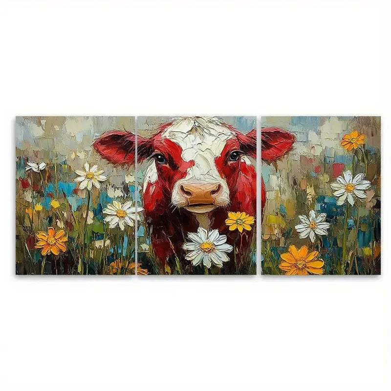3pcs Playful Red Cow with Daisy Country Wall Art Set Canvas Framed 50x70cm - High Quality Print 100% Australian Made Wall Canvas Ready to Hang