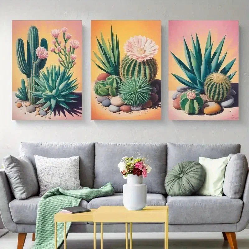 3pcs Cactus & Succulent Prints with Pebble Wall Art Set Canvas Framed 60x90cm - High Quality Print 100% Australian Made Wall Canvas Ready to Hang - Bella Home Decor