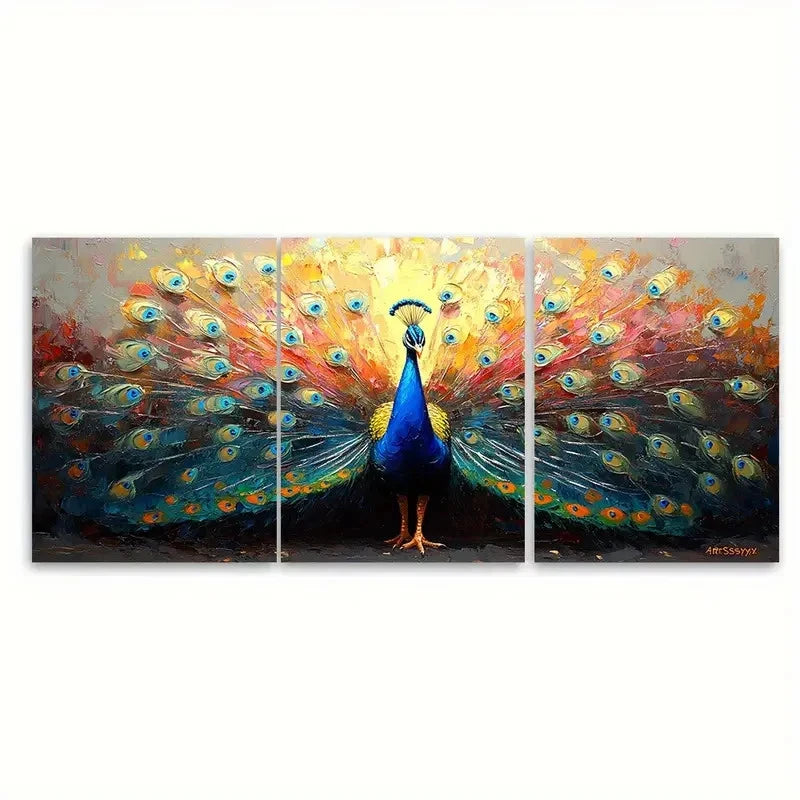 3pcs Enchanting Peacock Bird Impasto Design Wall Art Set Canvas Framed 50x70cm - High Quality Print 100% Australian Made Wall Canvas Ready to Hang