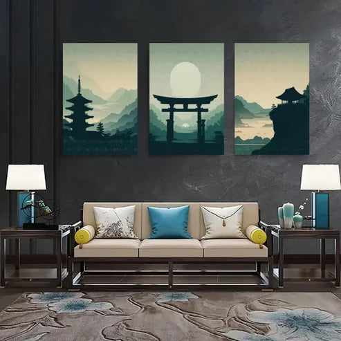 3pcs Pagoda, Torii Gate, Pavilion, Mountains Wall Art Canvas Unframed - High Quality Print 100% Australian Made Wall Canvas