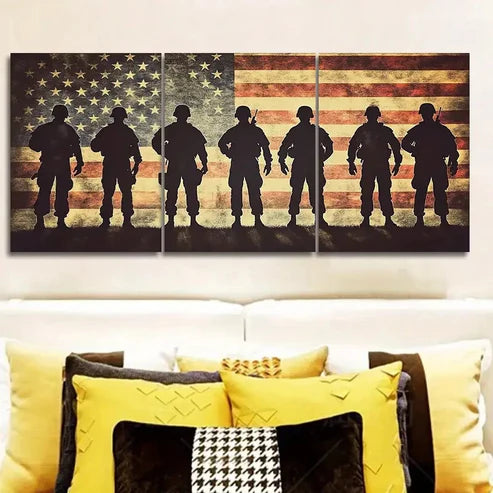 3pcs Soldiers in Front of the American Flag Wall Art Set Canvas Unframed - High Quality Print 100% Australian Made Wall Canvas