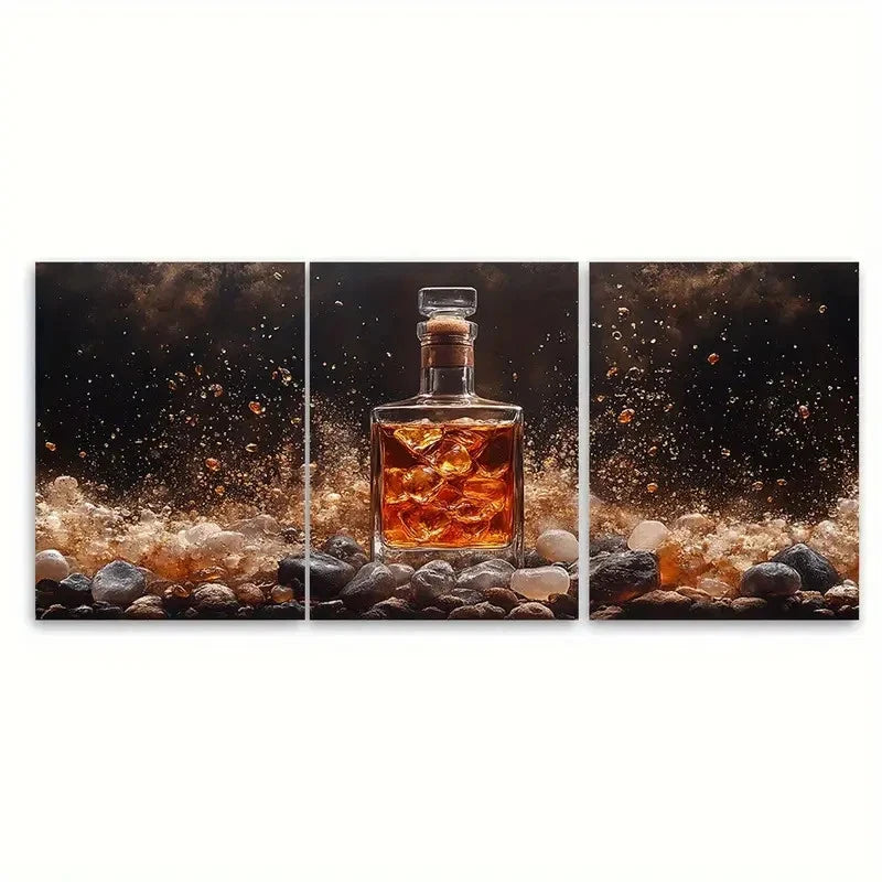3pcs Whisky Bottle Rocks Bar Photography ei Wall Art Set Canvas Framed 50x70cm - High Quality Print 100% Australian Made Wall Canvas Ready to Hang - Bella Home Decor