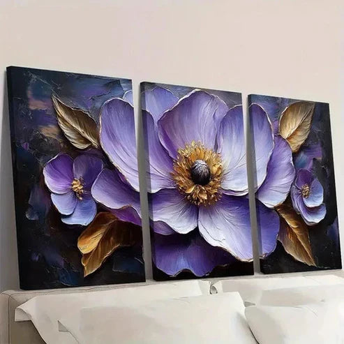 3pcs Flower Painting Print Purple Flower Wall Art Set Canvas Unframed - High Quality Print 100% Australian Made Wall Canvas - Bella Home Decor