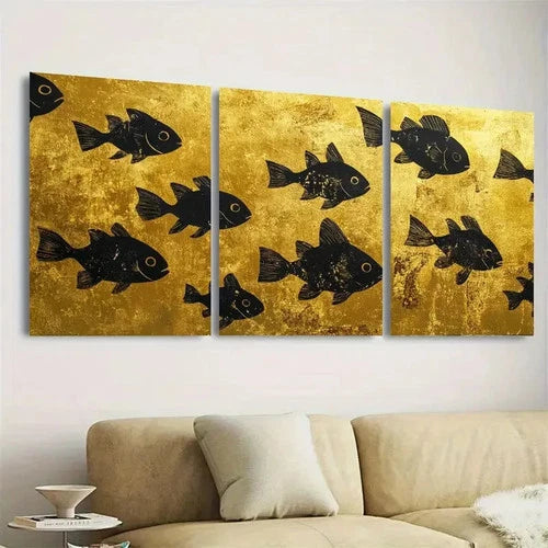 3pcs Vibrant Black Fish on Golden Wall Art Set Canvas Framed 60x90cm - High Quality Print 100% Australian Made Wall Canvas Ready to Hang