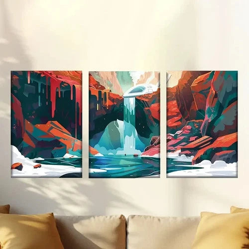 3pcs Abstract Waterfall Scene with Red Rocks Wall Art Set Canvas Framed 50x70cm - High Quality Print 100% Australian Made Wall Canvas Ready to Hang - Bella Home Decor