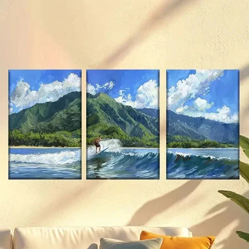 3pcs Vibrant Surfer Beach Scene, Rolling Waves Wall Art Canvas Unframed – High Quality Print 100% Australian Made Wall Canvas