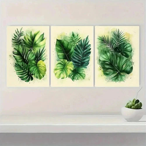 3pcs Green Tropical Leaves ET Wall Art Set Canvas Framed 60x90cm - High Quality Print 100% Australian Made Wall Canvas Ready to Hang