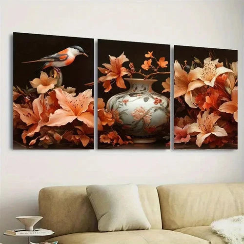 3pcs Vibrant Bird & Floral Vase Wall Art Set Canvas Framed 60x90cm - High Quality Print 100% Australian Made Wall Canvas Ready to Hang