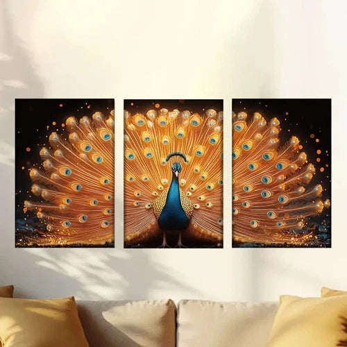 3pcs Vibrant Peacock with Golden Feathers Wall Art Set Canvas Framed 60x90cm - High Quality Print 100% Australian Made Wall Canvas Ready to Hang