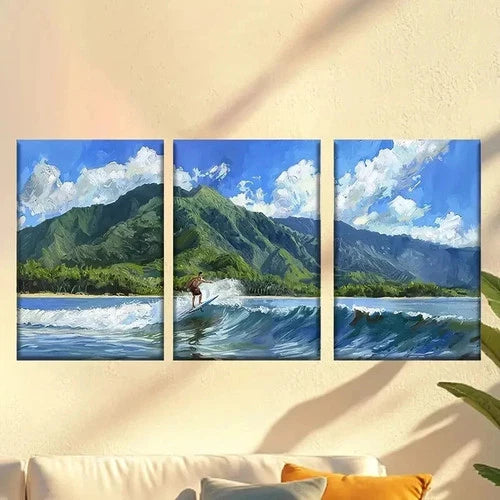 3pcs Vibrant Surfer Beach Scene, Rolling Waves Wall Art Set Canvas Framed 60x90cm - High Quality Print 100% Australian Made Wall Canvas Ready to Hang