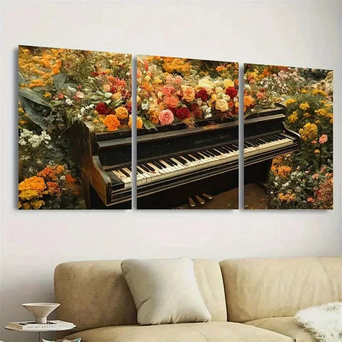 3pcs Enchanting Piano & Floral Wall Art Set Canvas Framed 40x60cm - High Quality Print 100% Australian Made Wall Canvas Ready to Hang