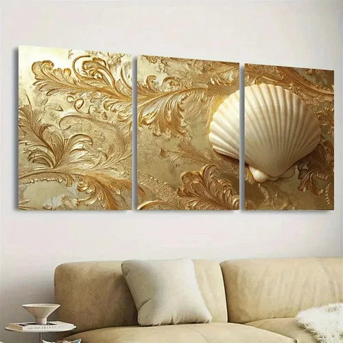 3pcs Elegant Sea Shell on Golden Filigree Wall Art Set Canvas Framed 50x70cm - High Quality Print 100% Australian Made Wall Canvas Ready to Hang