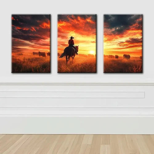 3pcs Cowboy On Horseback Illustration Wall Art Set Canvas Framed 40x60cm - High Quality Print 100% Australian Made Wall Canvas Ready to Hang - Bella Home Decor