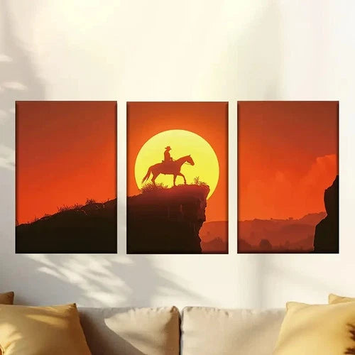 3pcs Classic Cowboy on Cliff at Sunset Wall Art Set Canvas Framed 50x70cm - High Quality Print 100% Australian Made Wall Canvas Ready to Hang - Bella Home Decor