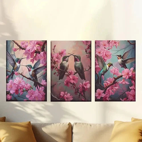3pcs Hummingbirds and Pink Flowers Wall Art Set Canvas Framed 40x60cm - High Quality Print 100% Australian Made Wall Canvas Ready to Hang