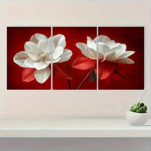 3pcs Vibrant Red & White Winkye Red Flower Wall Art Set Canvas Unframed - High Quality Print 100% Australian Made Wall Canvas - Bella Home Decor