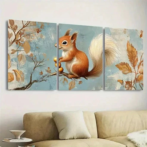 3pcs Charming Squirrel with Golden Acorns Wall Art Set Canvas Unframed - High Quality Print 100% Australian Made Wall Canvas - Bella Home Decor