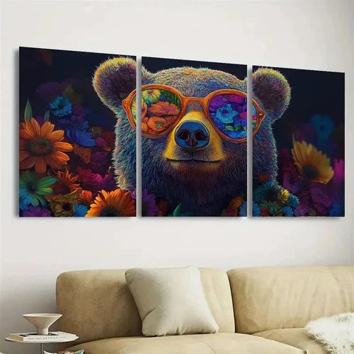 3pcs Hippie Bear Wall Art Set Canvas Framed 60x90cm - High Quality Print 100% Australian Made Wall Canvas Ready to Hang