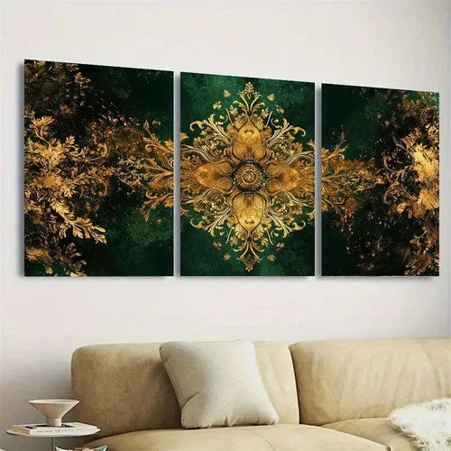 3pcs Bohemian Golden and green Wall Art Set Canvas Framed 40x60cm - High Quality Print 100% Australian Made Wall Canvas Ready to Hang - Bella Home Decor