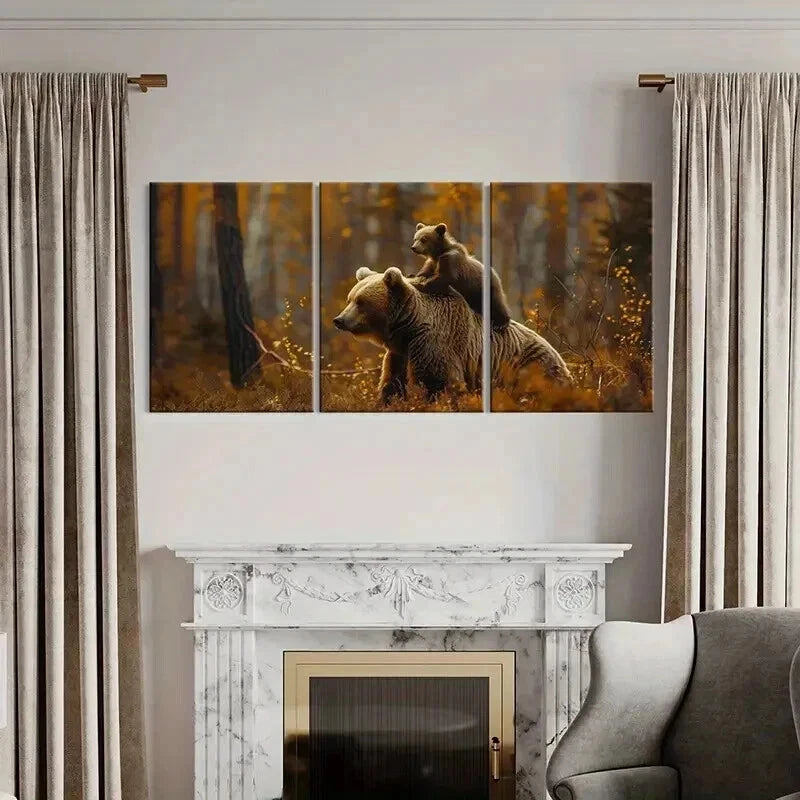3pcs Bear And Cub Forest Autumn Nature Wall Art Set Canvas Framed 50x70cm - High Quality Print 100% Australian Made Wall Canvas Ready to Hang - Bella Home Decor