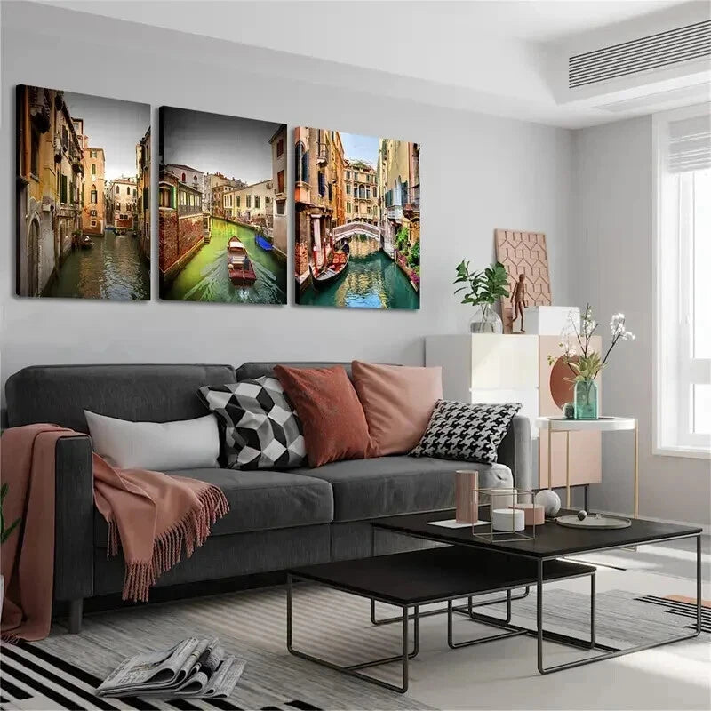 3pcs Venice Scenic View Vibrant Canal Perfect Wall Art Set Canvas Framed 50x70cm - High Quality Print 100% Australian Made Wall Canvas Ready to Hang - Bella Home Decor