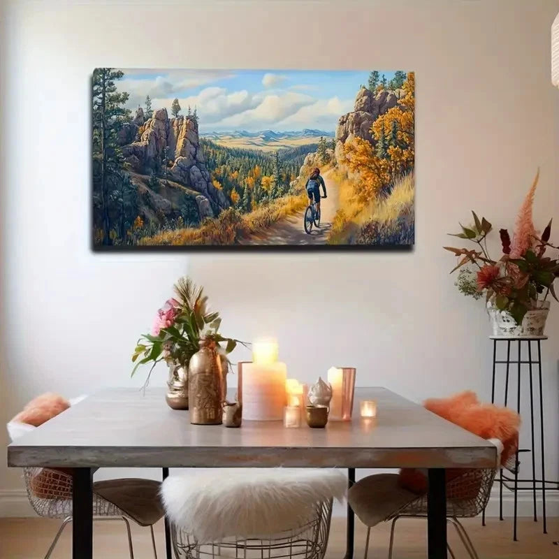 Autumn Cycling Mountain Trail Wall Art Canvas Office Home Room Framed 120x60cm