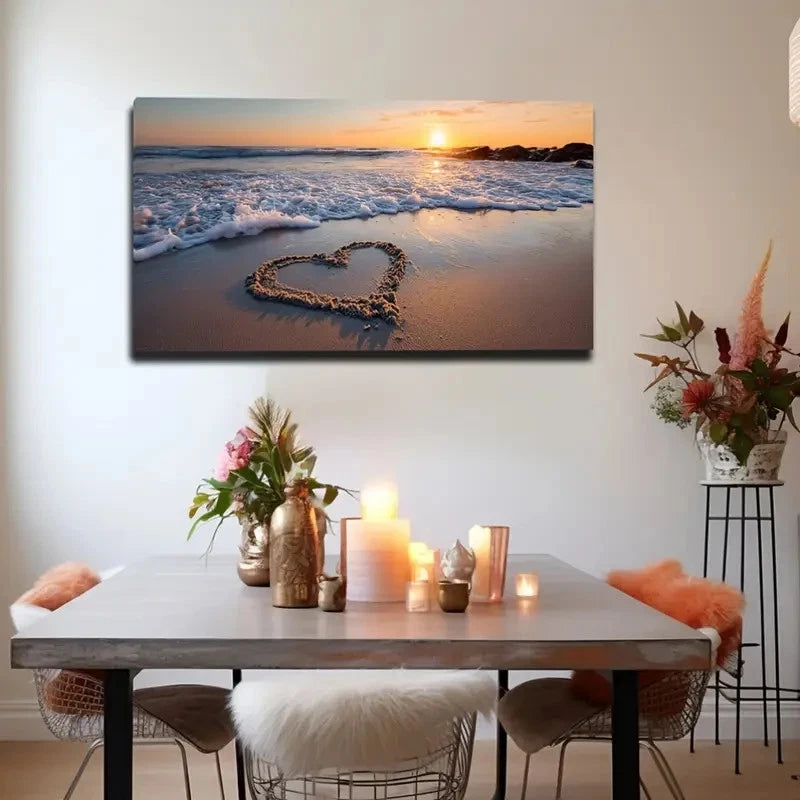 Shaped Beach Scene With Sunset Wall Art Canvas Office Home Room Framed 120x60cm